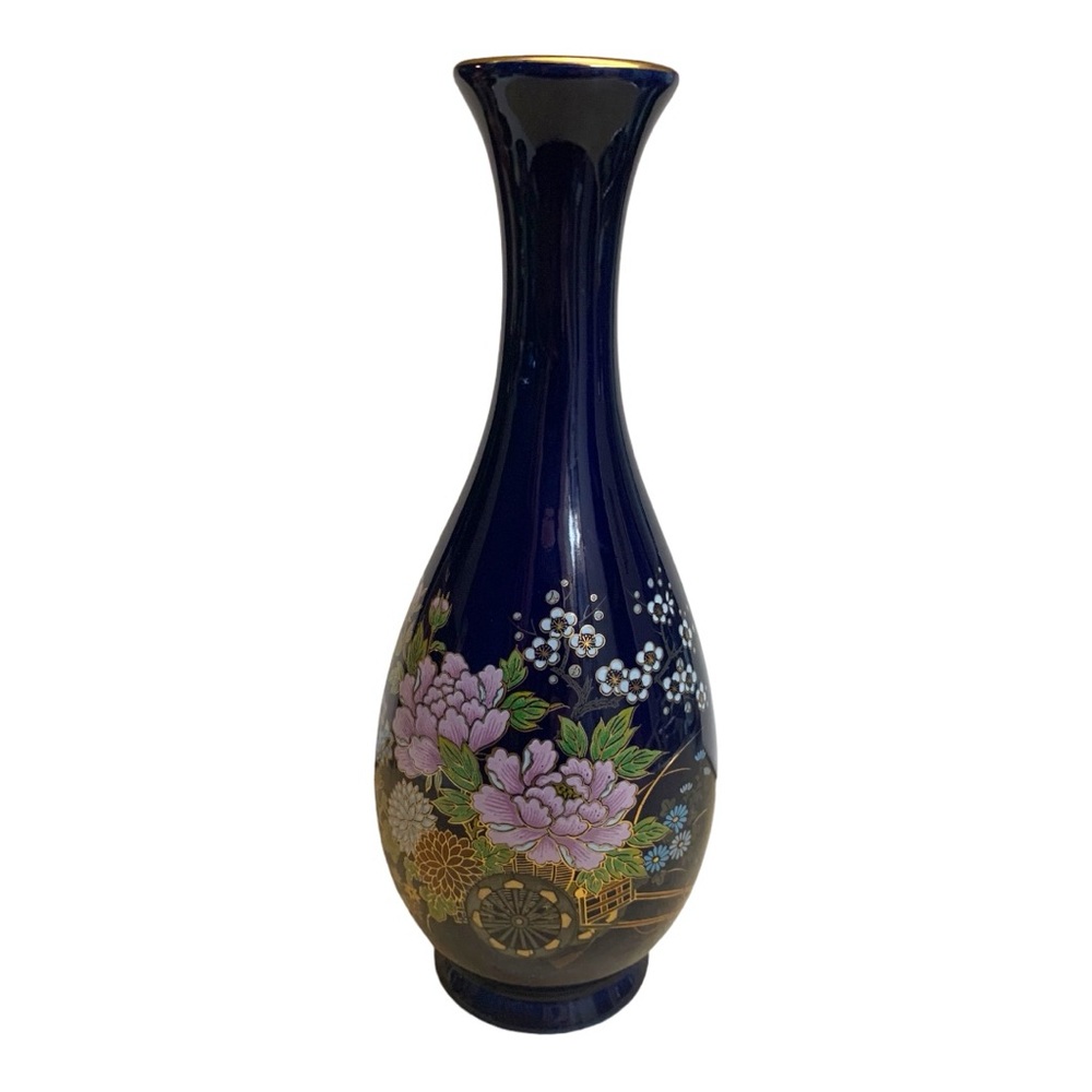 VTG Japanese Kutani Nagoya Peacock Floral Cobalt Flower Porcelain Gilded Vase